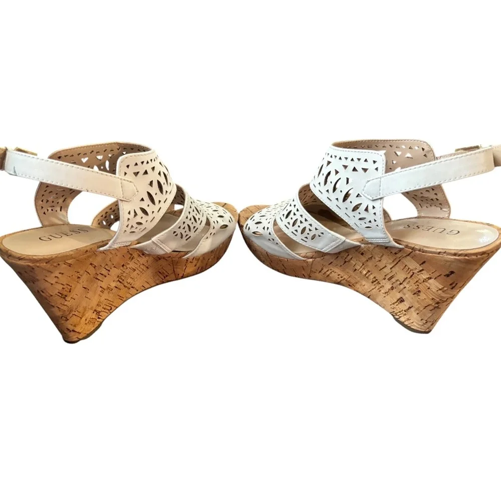 Guess Jacalyn-R White Laser Cut Cork Wedge Sandals Womens 9M WG-JACALYN-R Boho